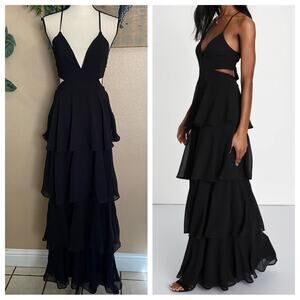 NWOT Lulus Tier and Now Black Tie-Back Tiered Maxi Dress M